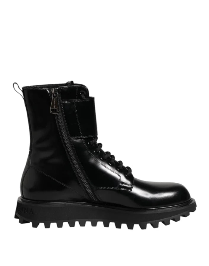 Dolce &amp; Gabbana Black Leather Lace Up Mid Calf Boots Shoes