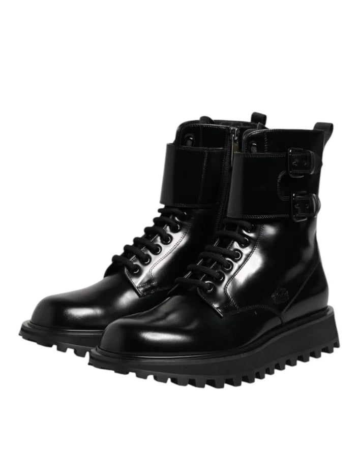 Dolce &amp; Gabbana Black Leather Lace Up Mid Calf Boots Shoes