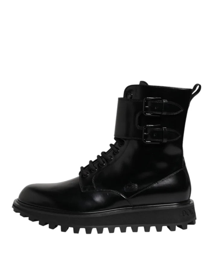 Dolce &amp; Gabbana Black Leather Lace Up Mid Calf Boots Shoes