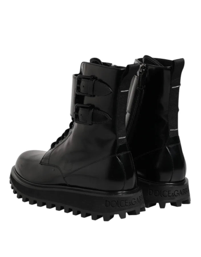 Dolce &amp; Gabbana Black Leather Lace Up Mid Calf Boots Shoes