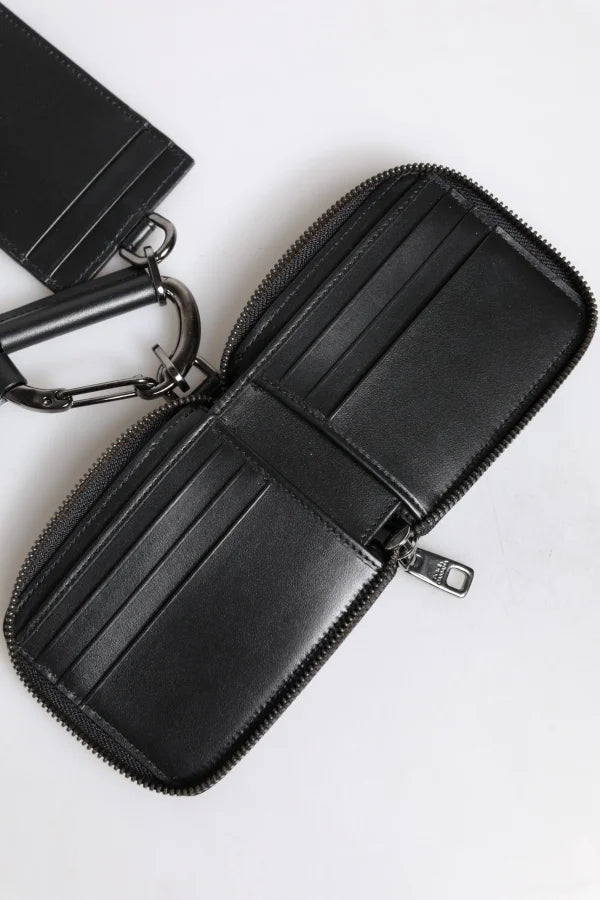 Dolce &amp; Gabbana Black Leather Lanyard Zip Around Card Holder Wallet