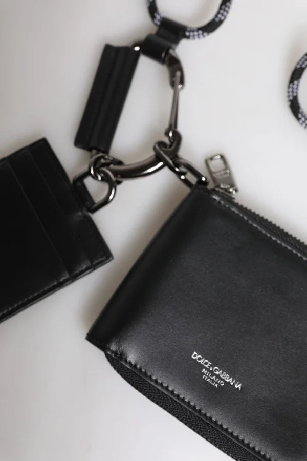 Dolce &amp; Gabbana Black Leather Lanyard Zip Around Card Holder Wallet