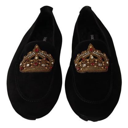 Dolce Gabbana Black Leather Loafer Slides with Gold Crystal Embroidery &