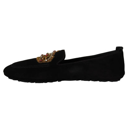 Dolce Gabbana Black Leather Loafer Slides with Gold Crystal Embroidery &