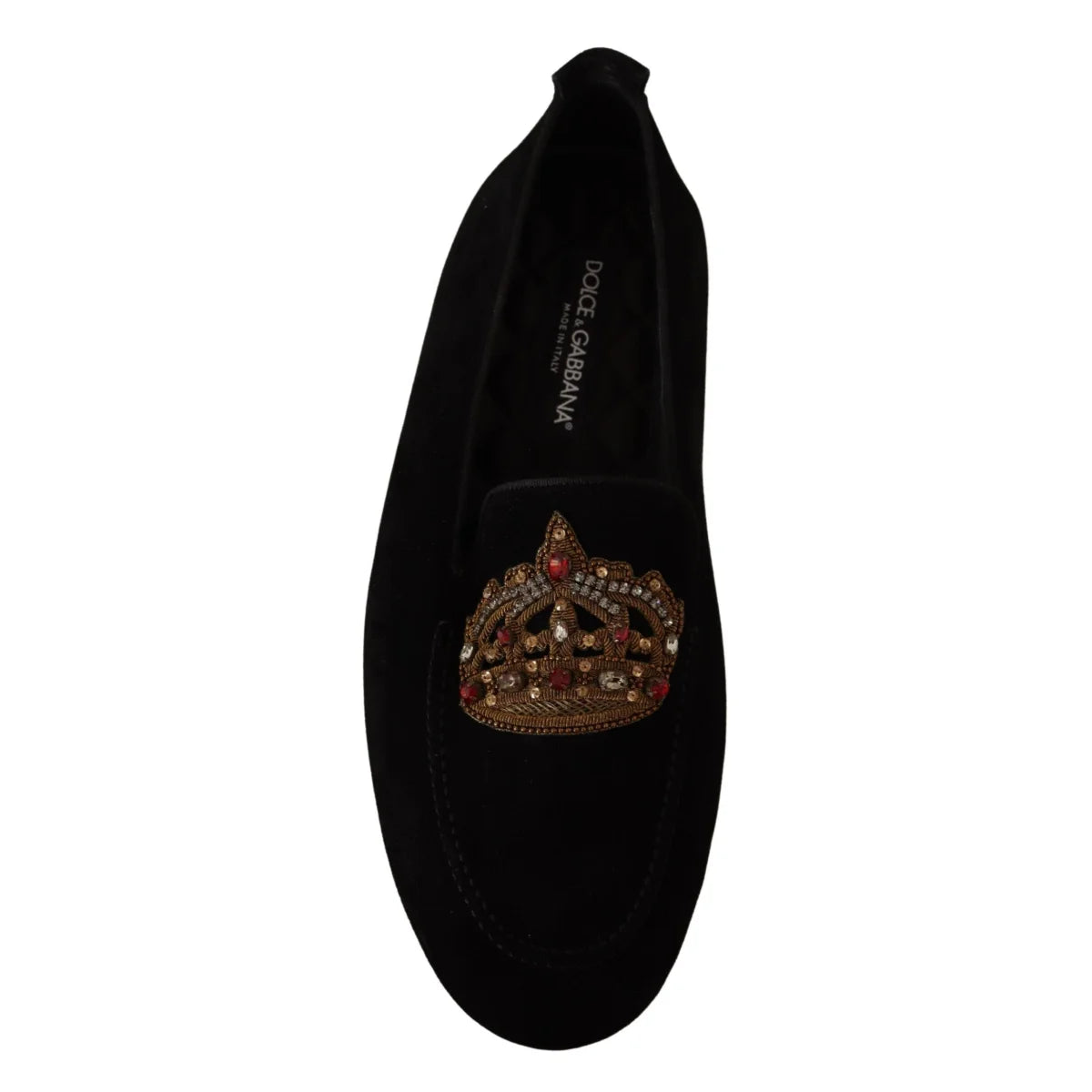 Dolce Gabbana Black Leather Loafer Slides with Gold Crystal Embroidery &