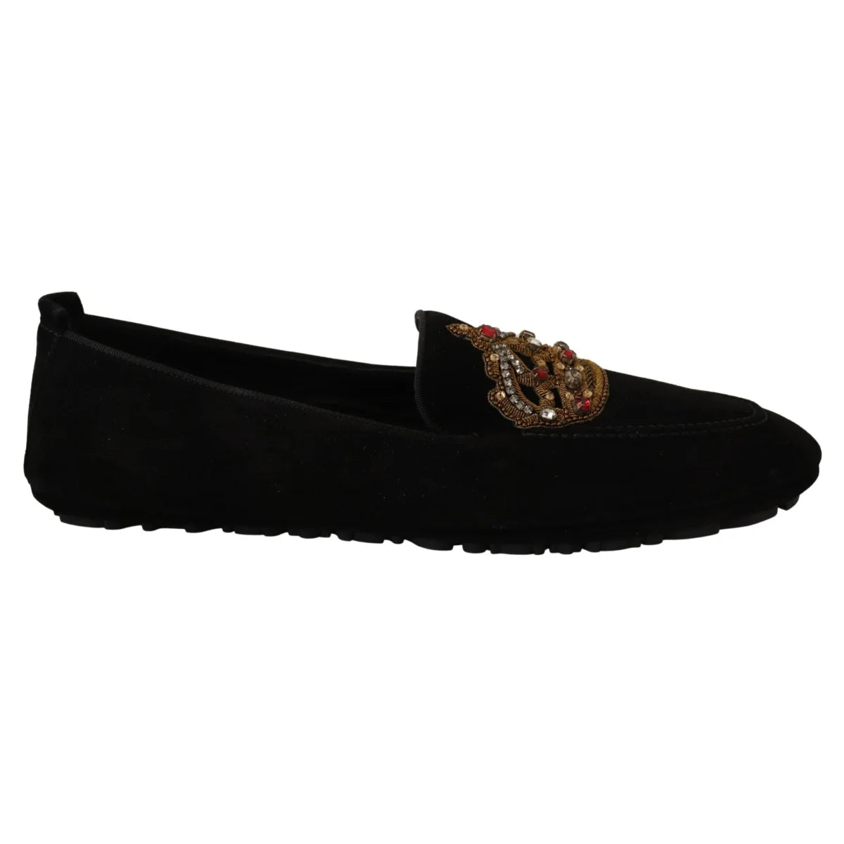 Dolce Gabbana Black Leather Loafer Slides with Gold Crystal Embroidery &
