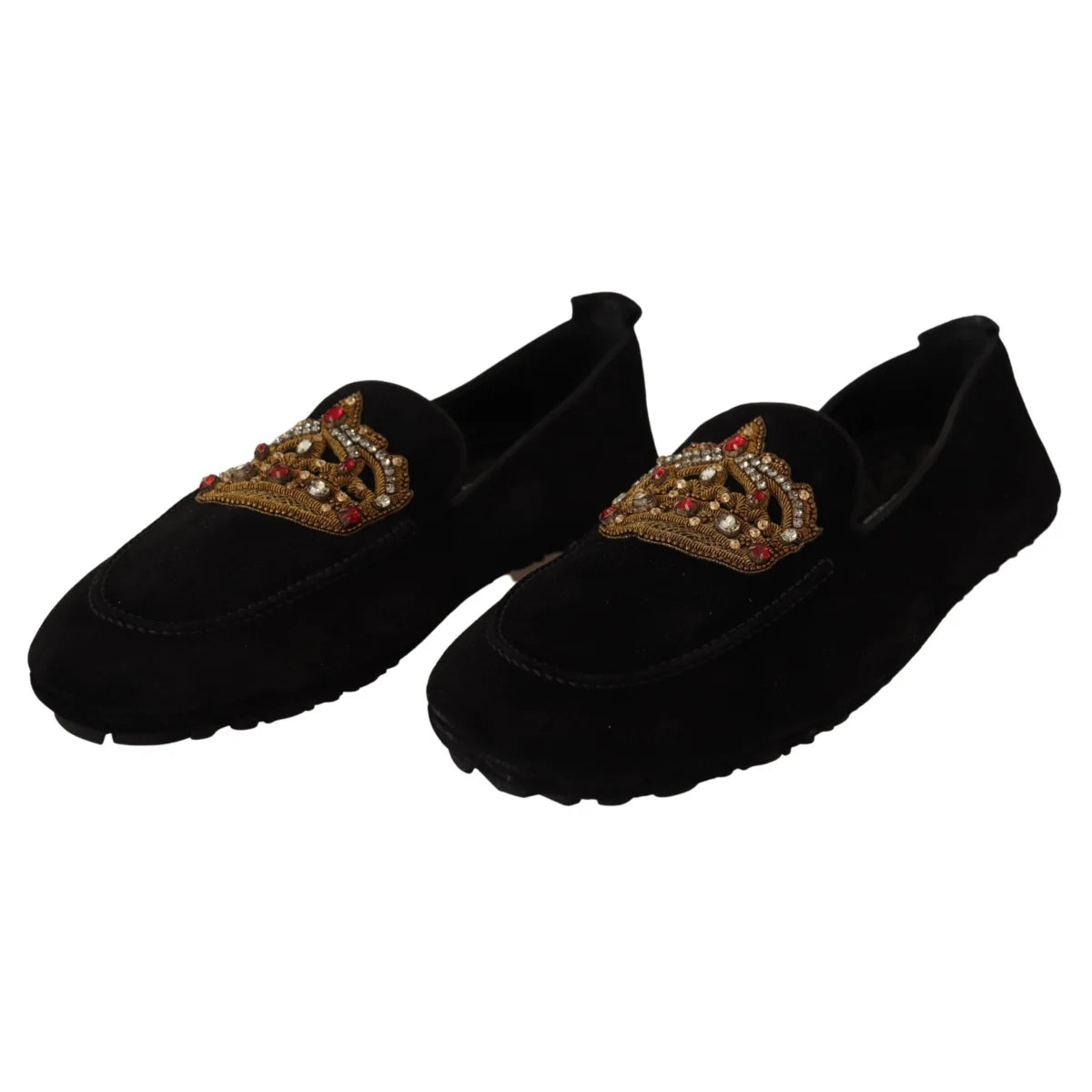 Dolce Gabbana Black Leather Loafer Slides with Gold Crystal Embroidery &