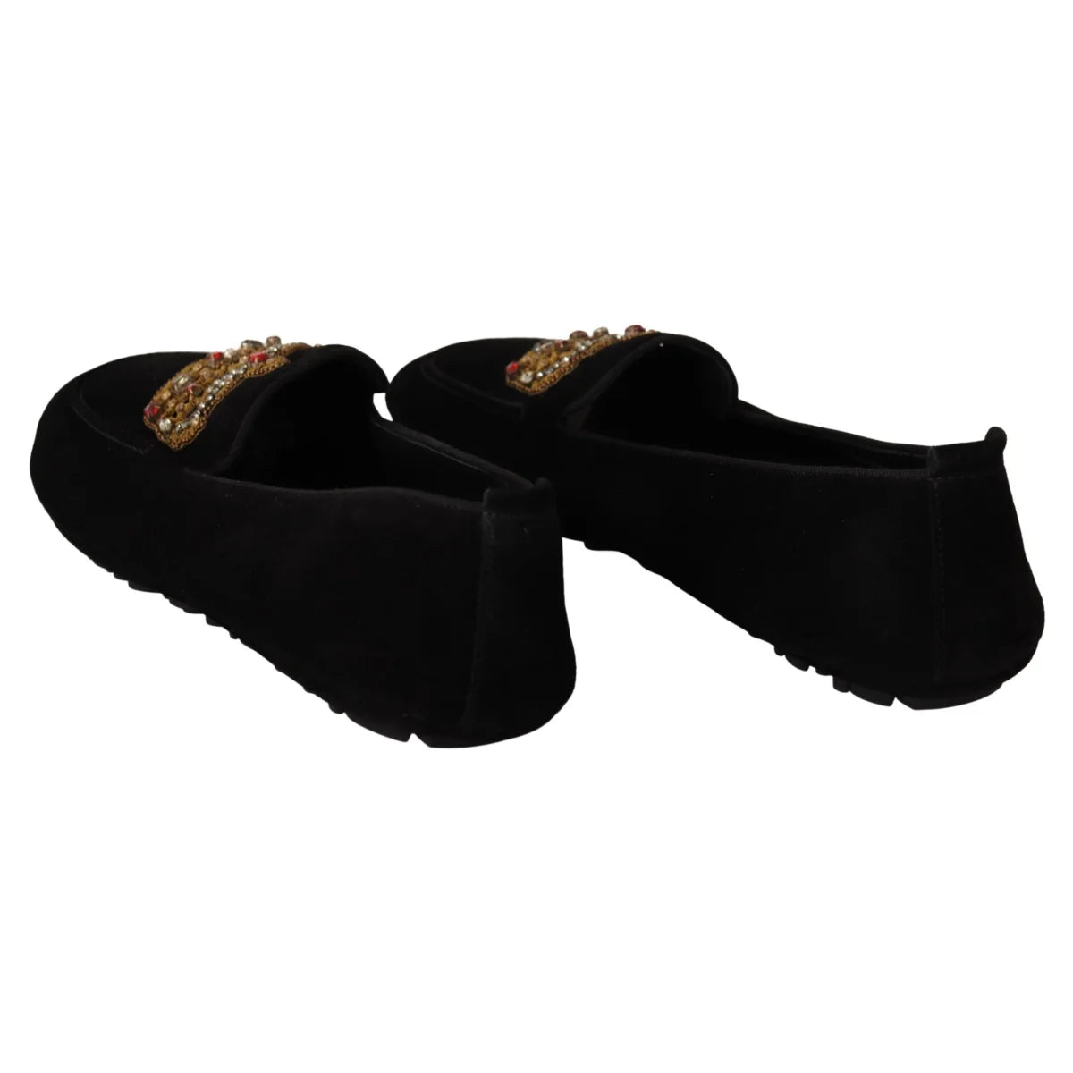 Dolce Gabbana Black Leather Loafer Slides with Gold Crystal Embroidery &