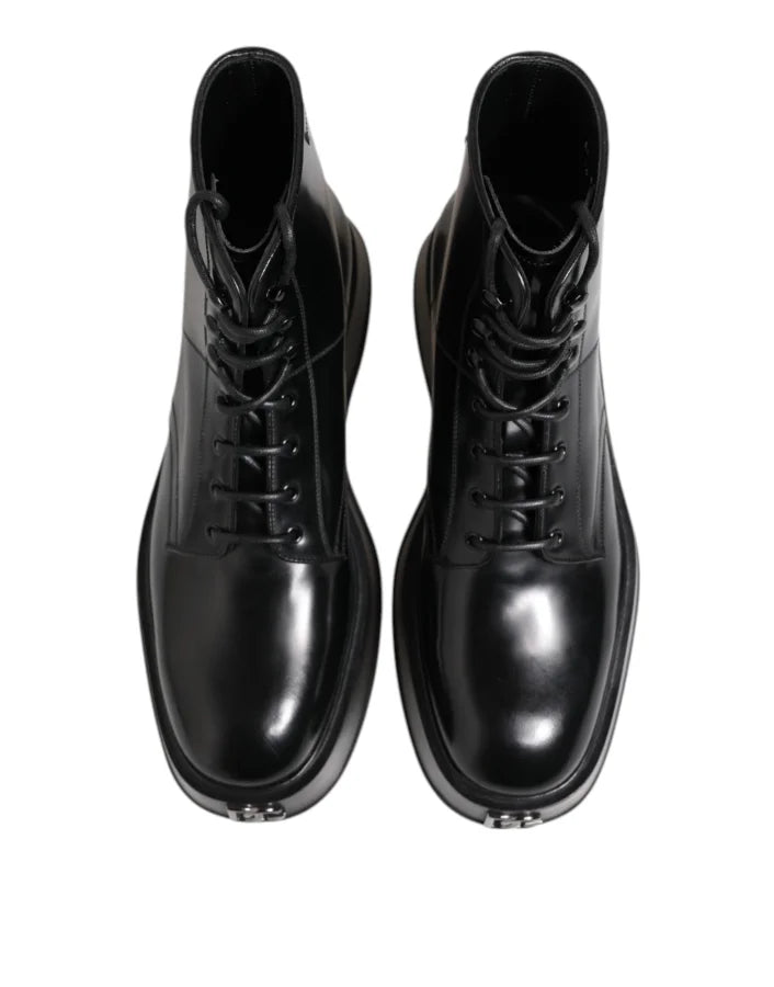 Dolce &amp; Gabbana Black Leather Logo Ankle Boots Lace Up Shoes