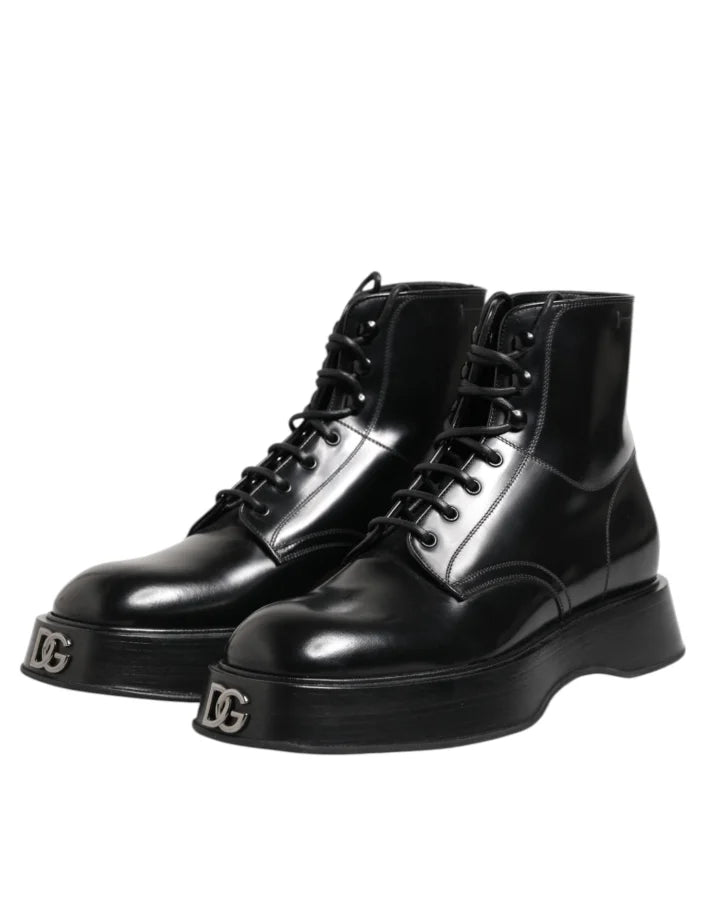 Dolce &amp; Gabbana Black Leather Logo Ankle Boots Lace Up Shoes