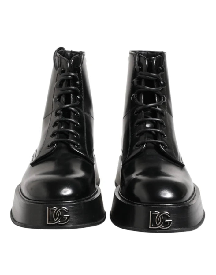 Dolce &amp; Gabbana Black Leather Logo Ankle Boots Lace Up Shoes