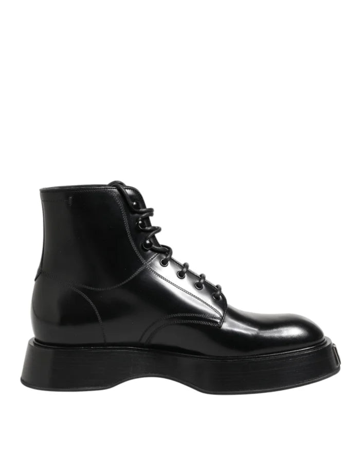 Dolce &amp; Gabbana Black Leather Logo Ankle Boots Lace Up Shoes
