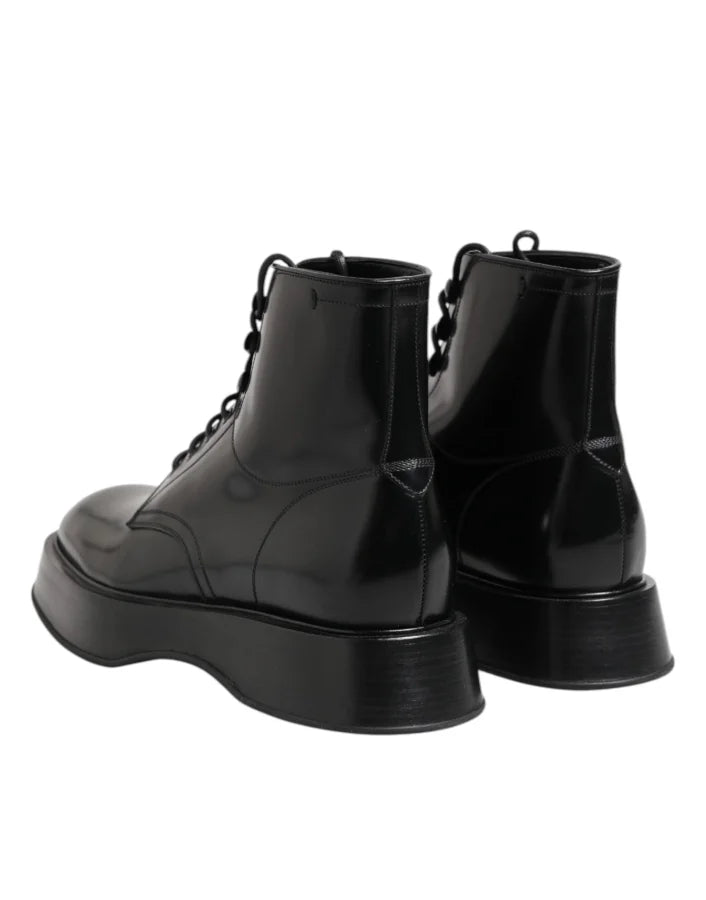 Dolce &amp; Gabbana Black Leather Logo Ankle Boots Lace Up Shoes