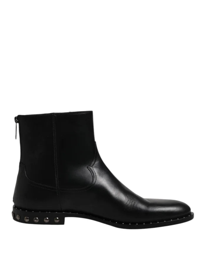 Dolce &amp; Gabbana Black Leather Logo Ankle Boots Studded Shoes