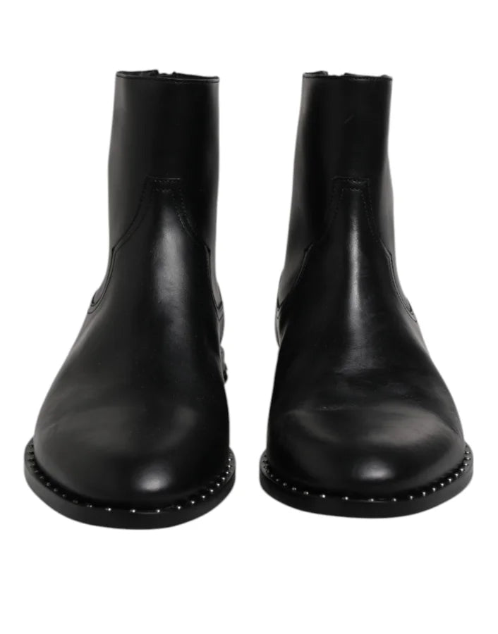 Dolce &amp; Gabbana Black Leather Logo Ankle Boots Studded Shoes