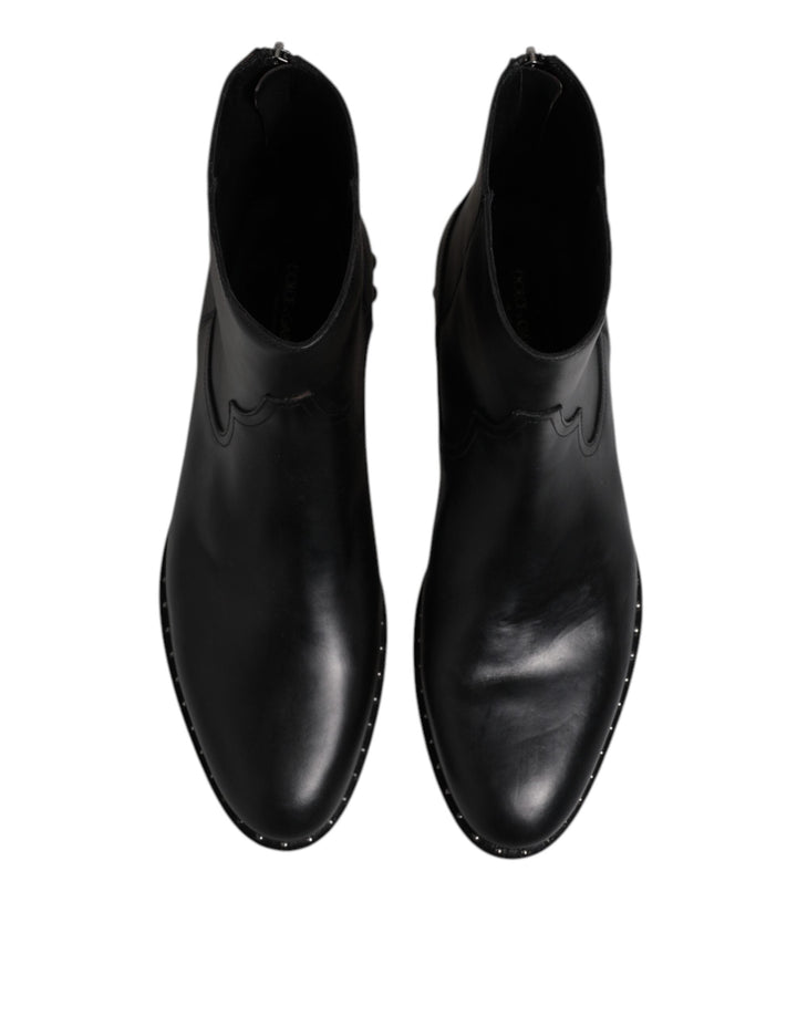 Dolce &amp; Gabbana Black Leather Logo Ankle Boots Studded Shoes