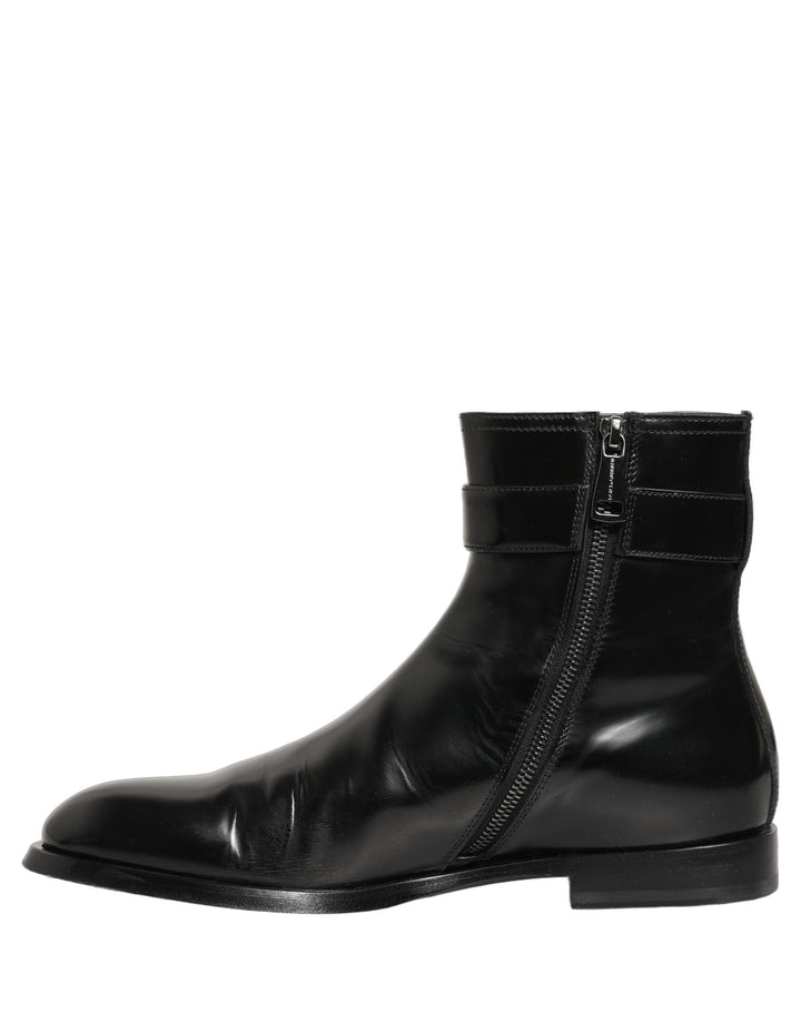 Dolce &amp; Gabbana Black Leather Logo Buckle Mid Calf Boots Shoes