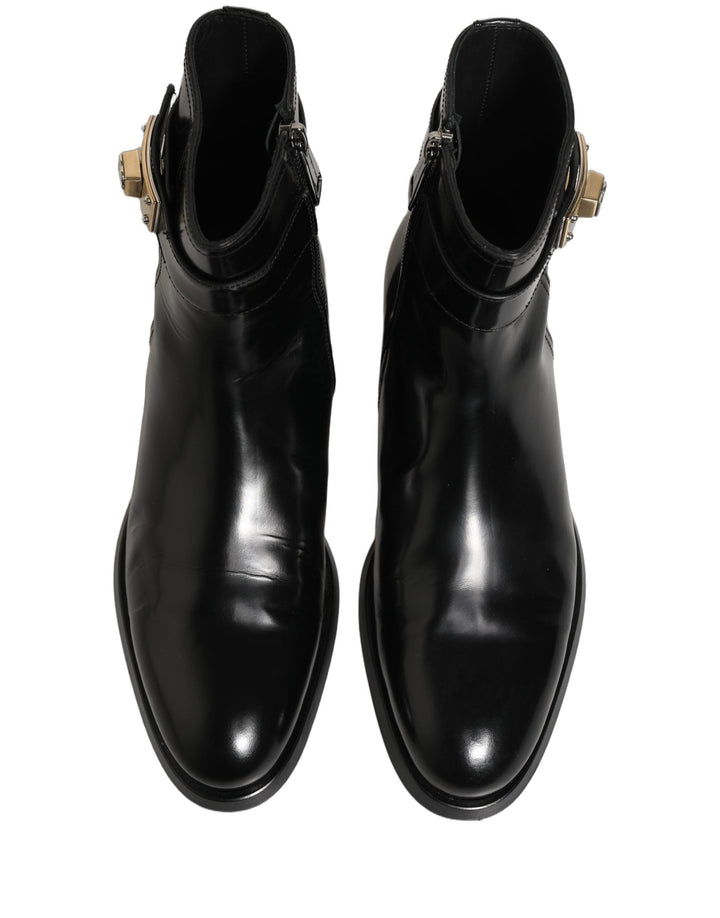Dolce &amp; Gabbana Black Leather Logo Buckle Mid Calf Boots Shoes