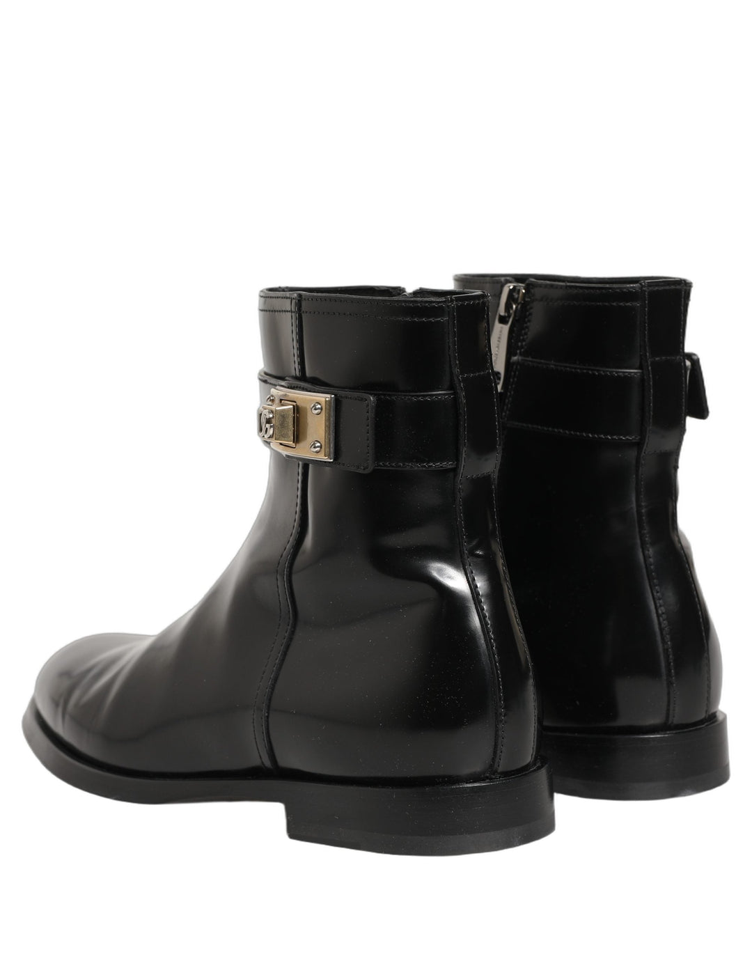 Dolce &amp; Gabbana Black Leather Logo Buckle Mid Calf Boots Shoes