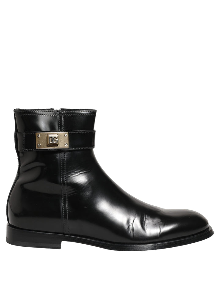 Dolce &amp; Gabbana Black Leather Logo Buckle Mid Calf Boots Shoes