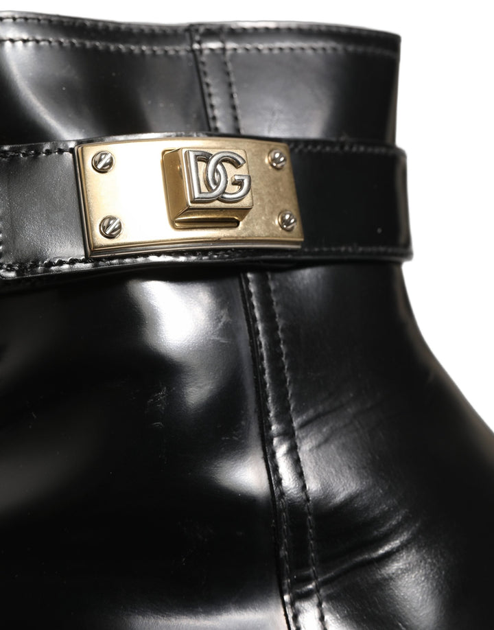 Dolce &amp; Gabbana Black Leather Logo Buckle Mid Calf Boots Shoes