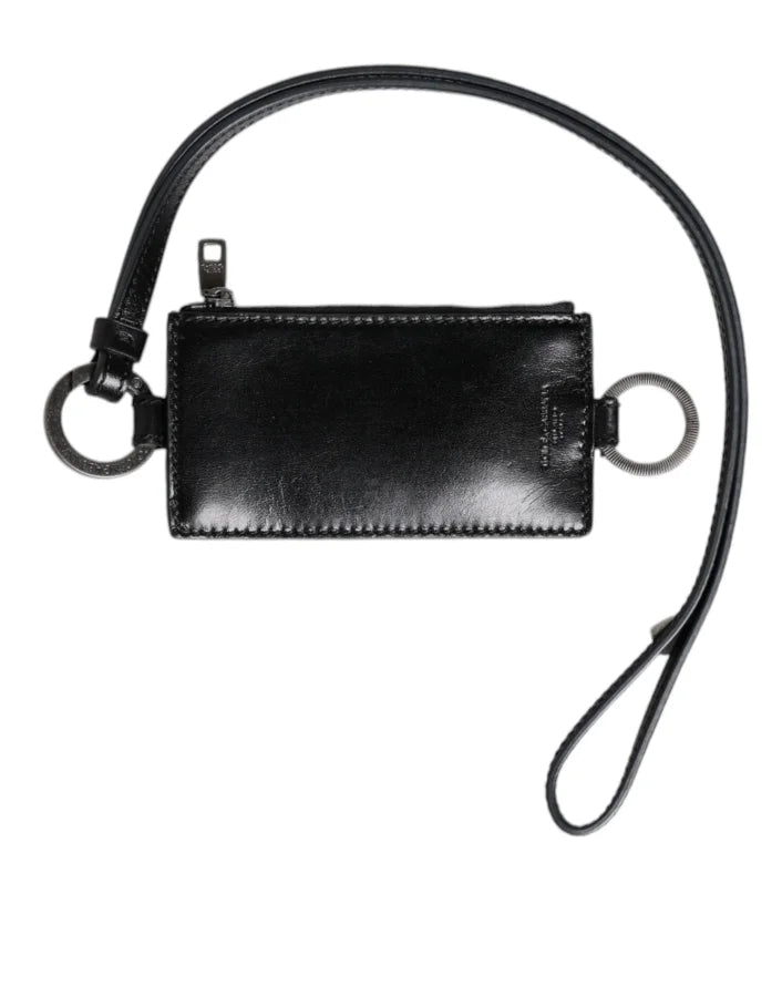 Dolce &amp; Gabbana Black Leather Logo Embossed Lanyard Card Holder Wallet