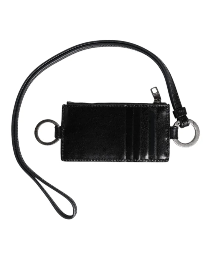 Dolce &amp; Gabbana Black Leather Logo Embossed Lanyard Card Holder Wallet