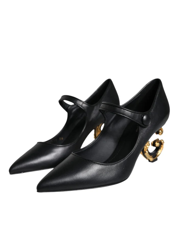 Dolce &amp; Gabbana Black Leather Logo Heels Mary Janes Pumps Shoes