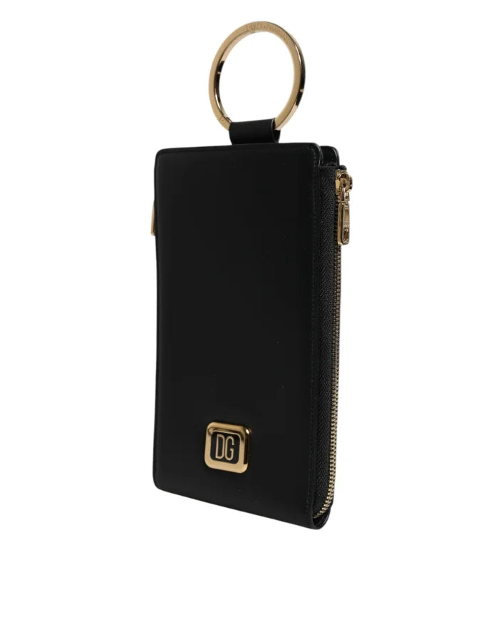 Dolce &amp; Gabbana Black Leather Logo Plaque Neck Strap Card Coin Wallet