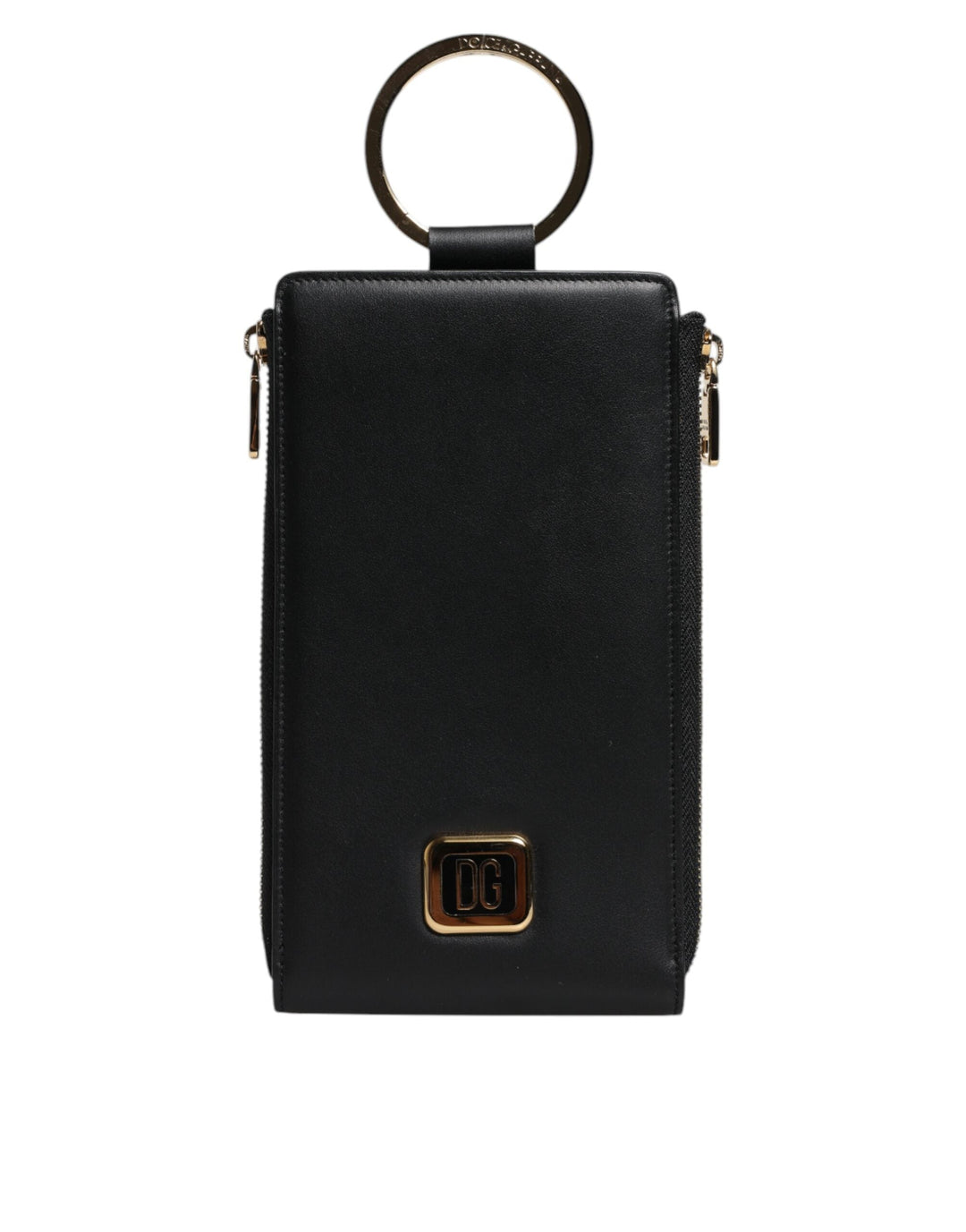 Dolce &amp; Gabbana Black Leather Logo Plaque Neck Strap Card Coin Wallet
