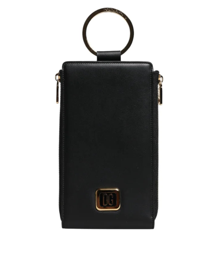 Dolce &amp; Gabbana Black Leather Logo Plaque Neck Strap Card Coin Wallet