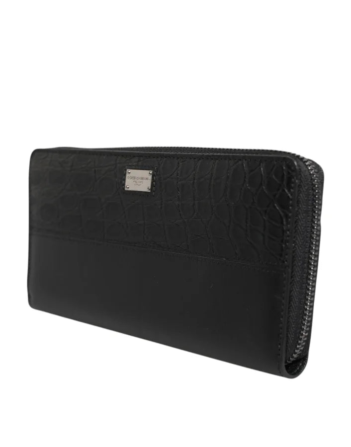 Dolce &amp; Gabbana Black Leather Logo Plaque Zip Around Continental Wallet