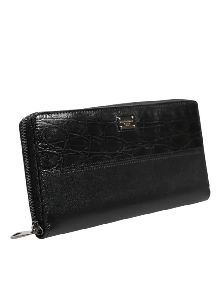 Dolce &amp; Gabbana Black Leather Logo Plaque Zip Around Continental Wallet