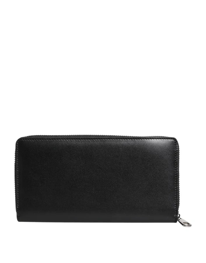 Dolce &amp; Gabbana Black Leather Logo Plaque Zip Around Continental Wallet