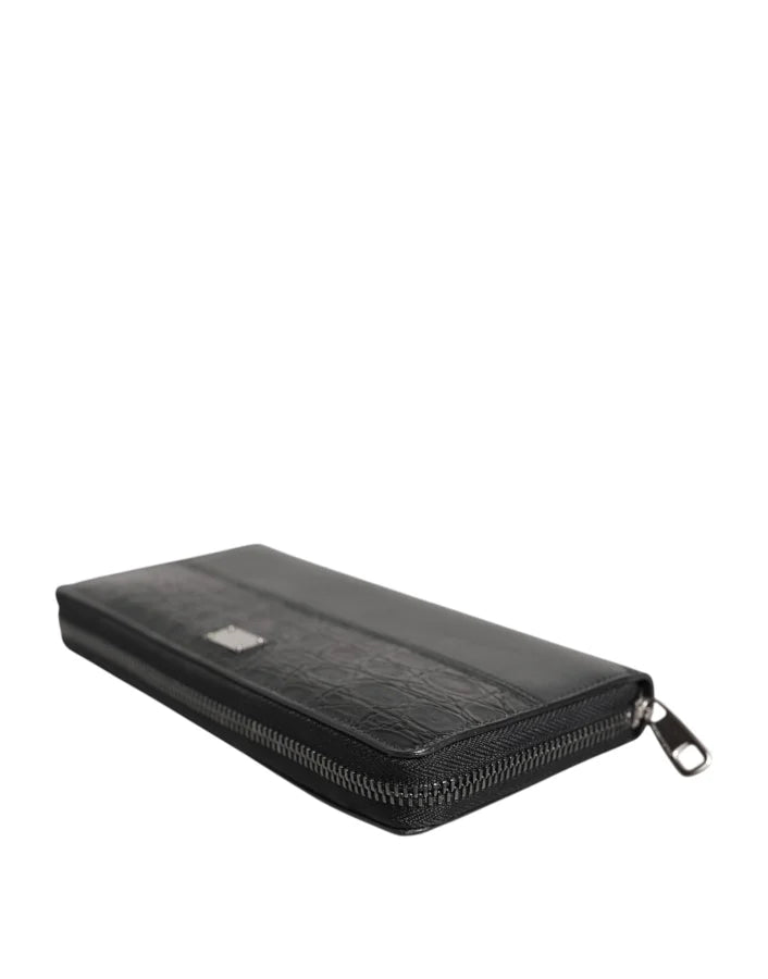 Dolce &amp; Gabbana Black Leather Logo Plaque Zip Around Continental Wallet
