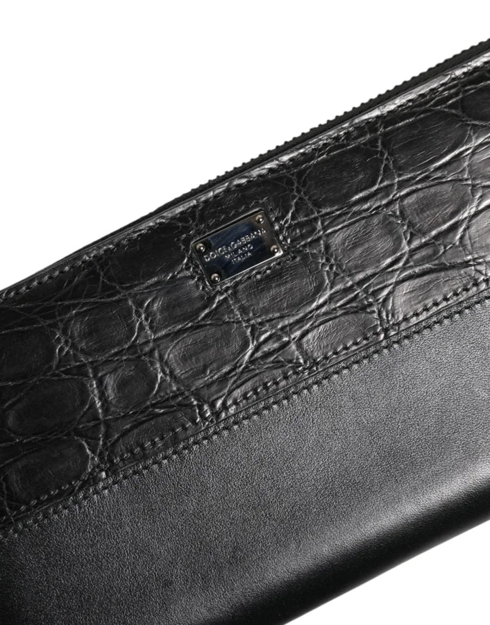 Dolce &amp; Gabbana Black Leather Logo Plaque Zip Around Continental Wallet