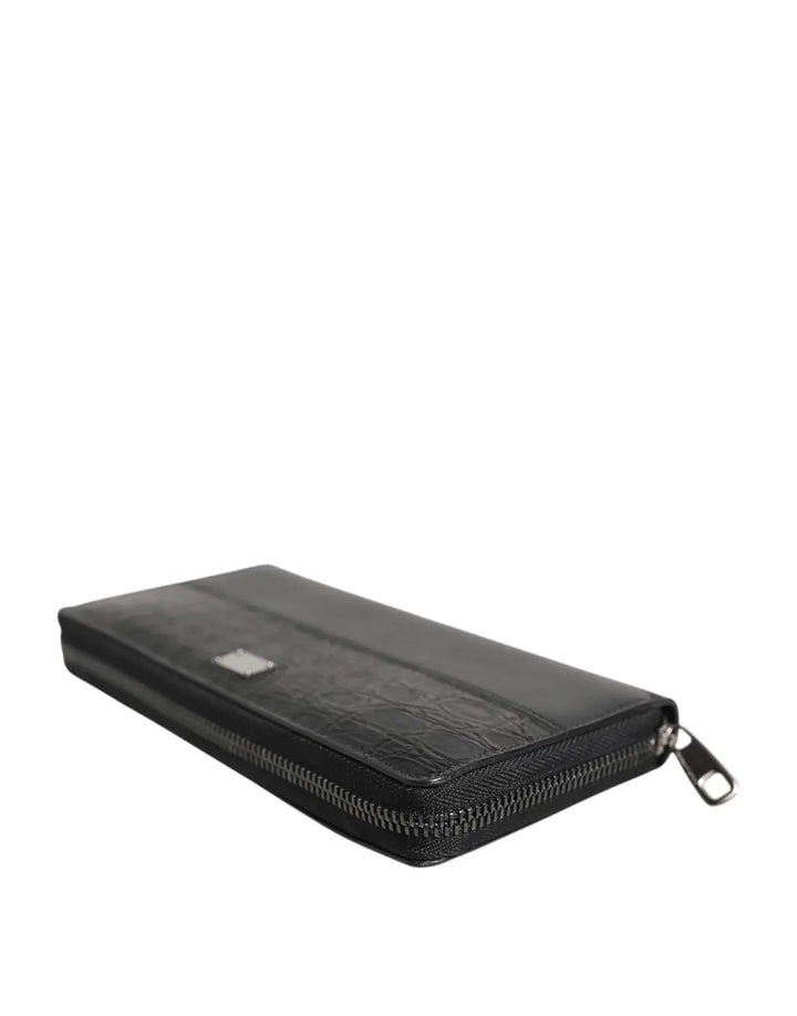 Dolce &amp; Gabbana Black Leather Logo Plaque Zip Around Continental Wallet