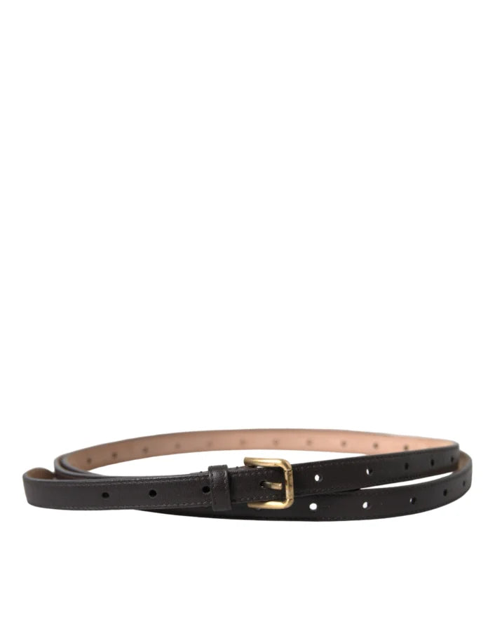 Dolce &amp; Gabbana Black Leather Long Skinny Gold Metal Buckle Belt