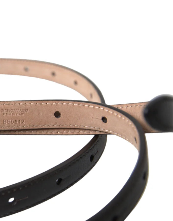 Dolce &amp; Gabbana Black Leather Long Skinny Gold Metal Buckle Belt