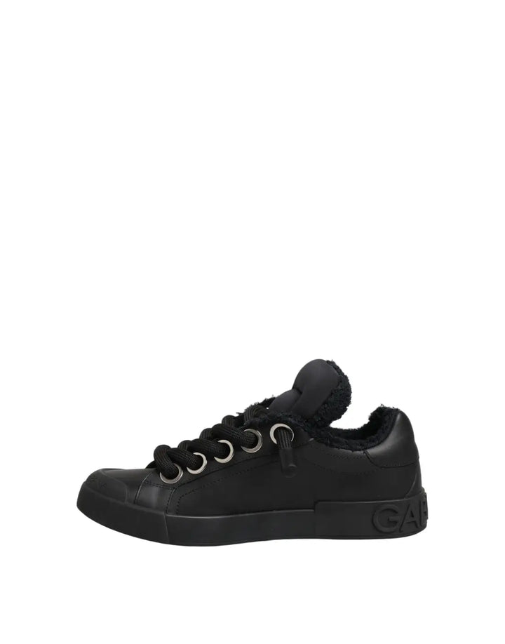 Dolce &amp; Gabbana Black Leather Low Top Portofino Sneakers Shoes