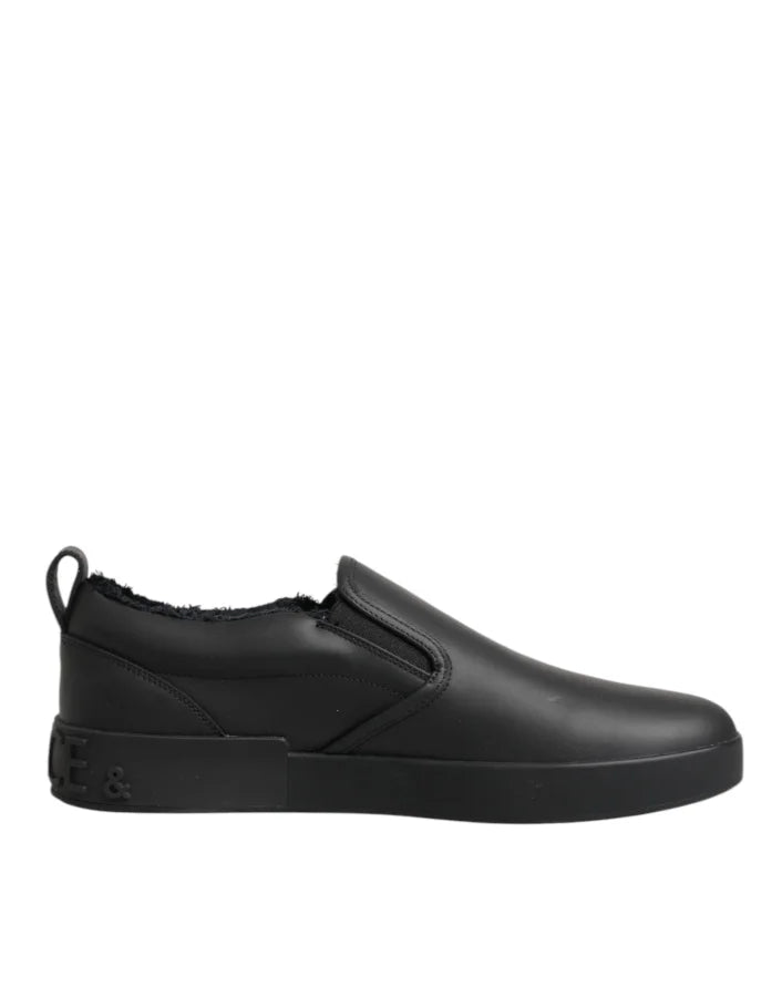 Dolce &amp; Gabbana Black Leather Low Top Slip On Sneakers Shoes