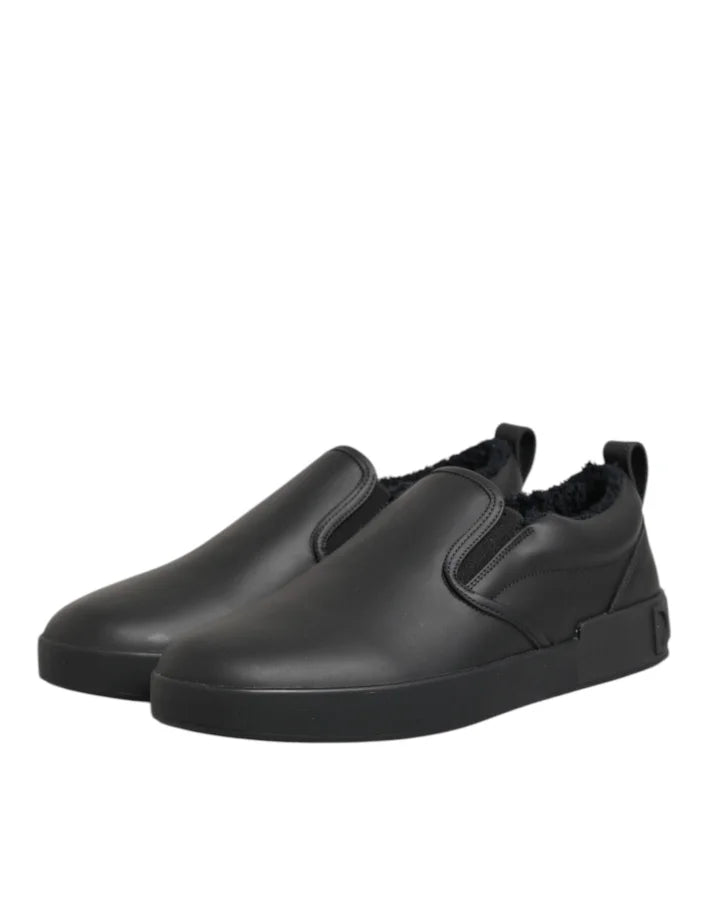 Dolce &amp; Gabbana Black Leather Low Top Slip On Sneakers Shoes
