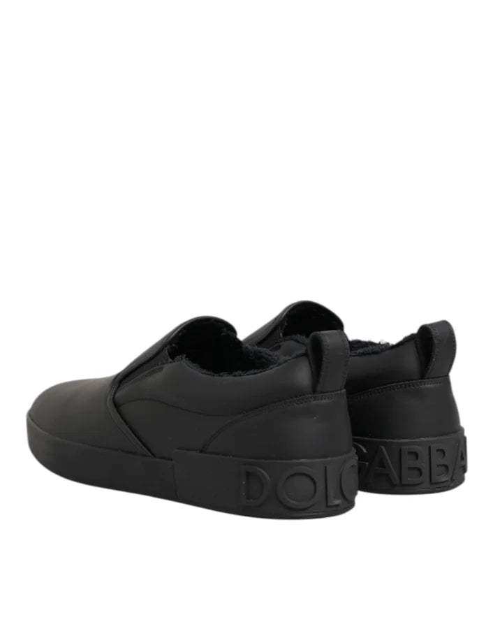 Dolce &amp; Gabbana Black Leather Low Top Slip On Sneakers Shoes