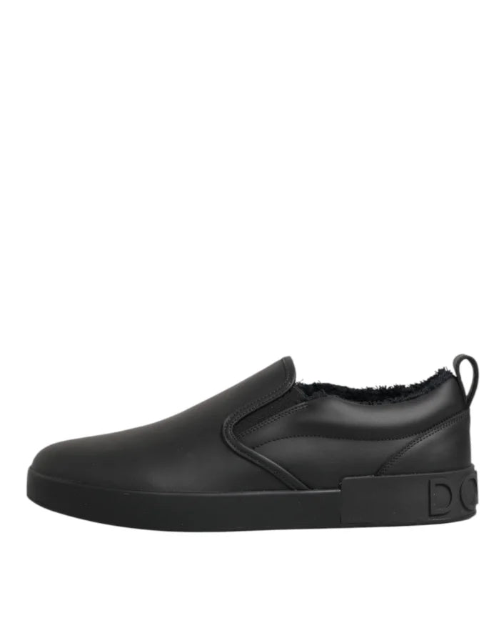 Dolce &amp; Gabbana Black Leather Low Top Slip On Sneakers Shoes