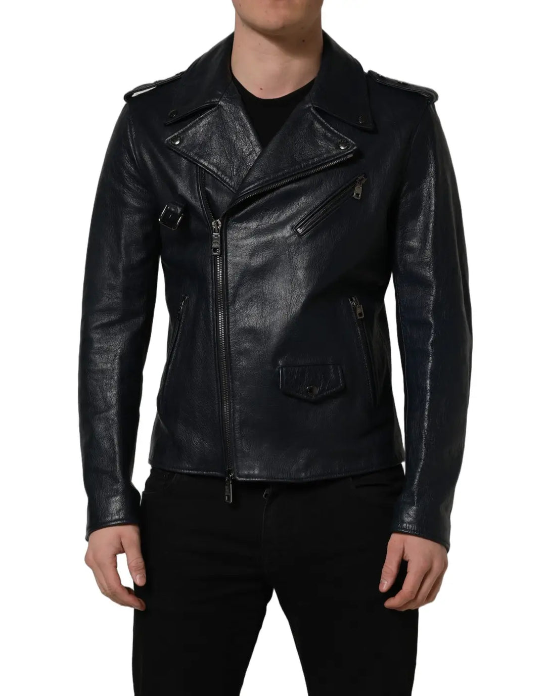 Dolce &amp; Gabbana Black Leather Men Biker Coat Goatskin Jacket