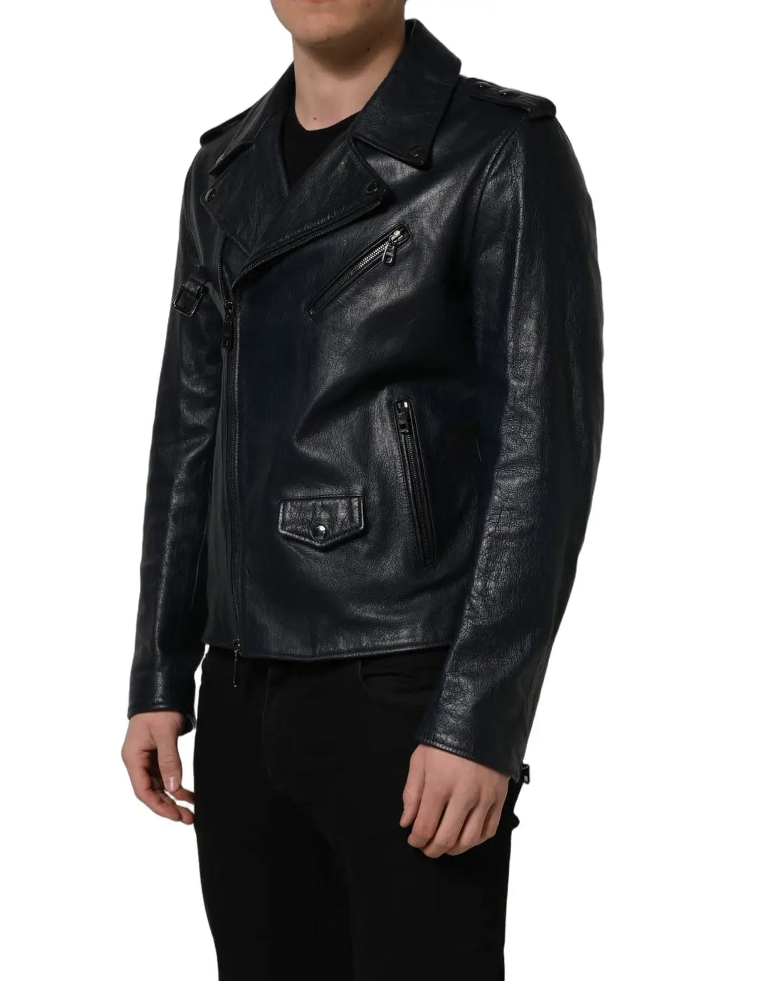 Dolce &amp; Gabbana Black Leather Men Biker Coat Goatskin Jacket