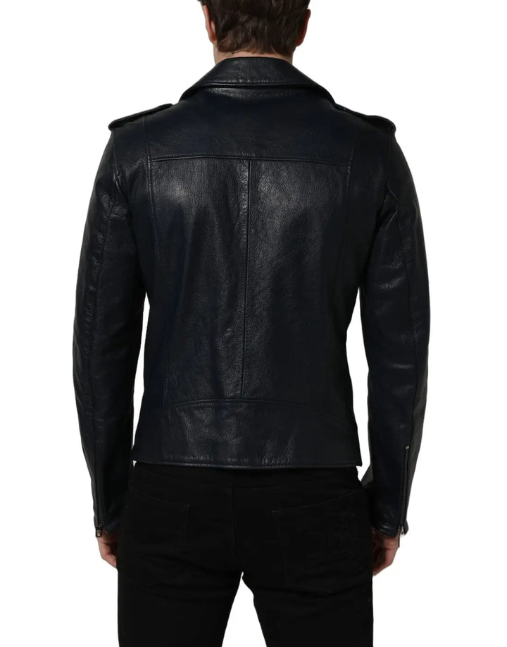 Dolce &amp; Gabbana Black Leather Men Biker Coat Goatskin Jacket