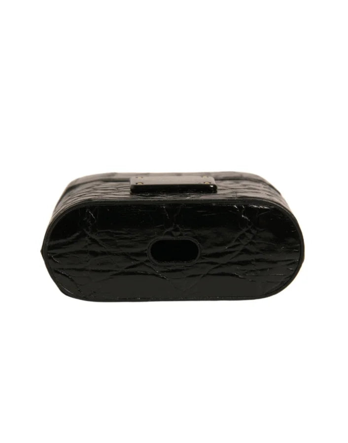 Dolce &amp; Gabbana Black Leather Metal Logo Plaque Holder Airpods Case