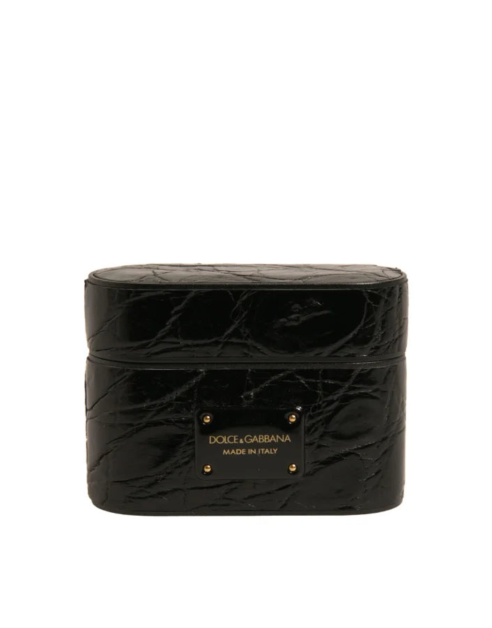 Dolce &amp; Gabbana Black Leather Metal Logo Plaque Holder Airpods Case