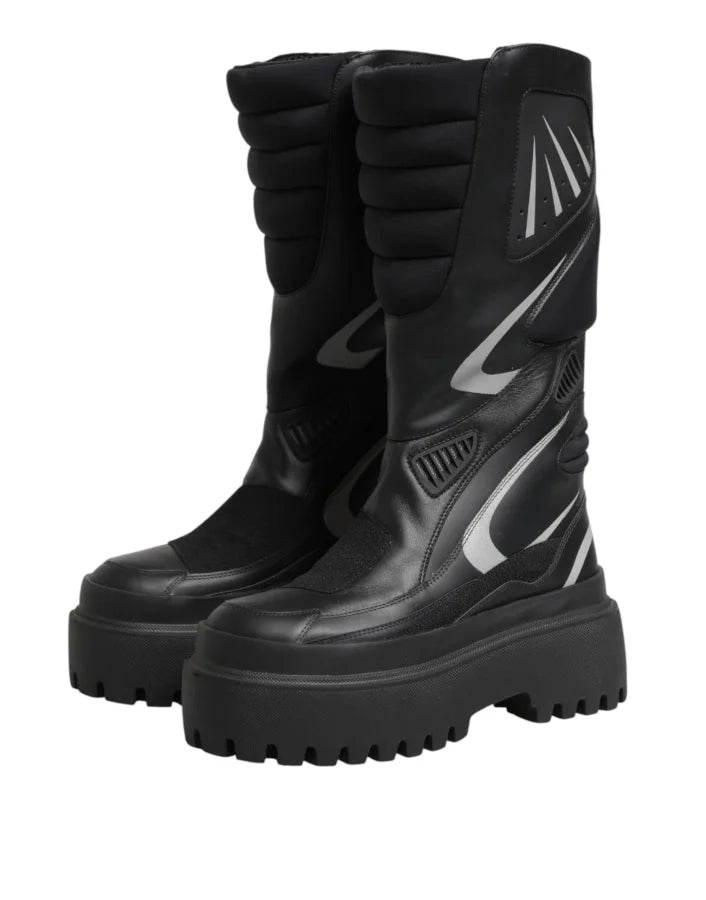 Dolce &amp; Gabbana Black Leather Mid Calf Biker Boots Shoes